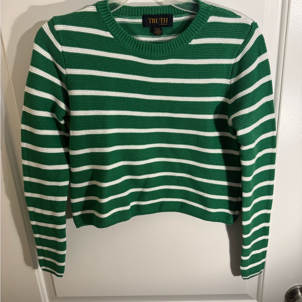 Truth Green and White Crew Neck Striped Sweater